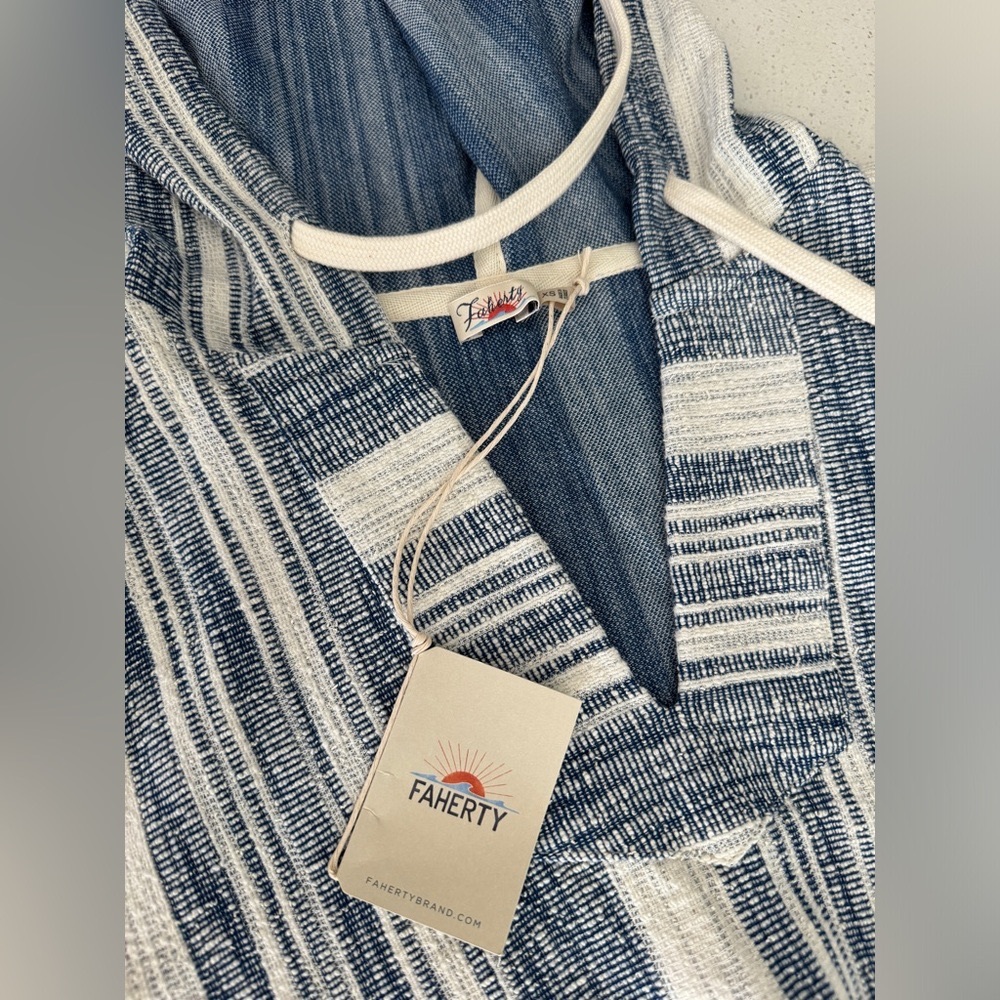 Faherty Islet Knit Poncho Elkin Blue Stripe Pullover Woven Hoodie Top XS